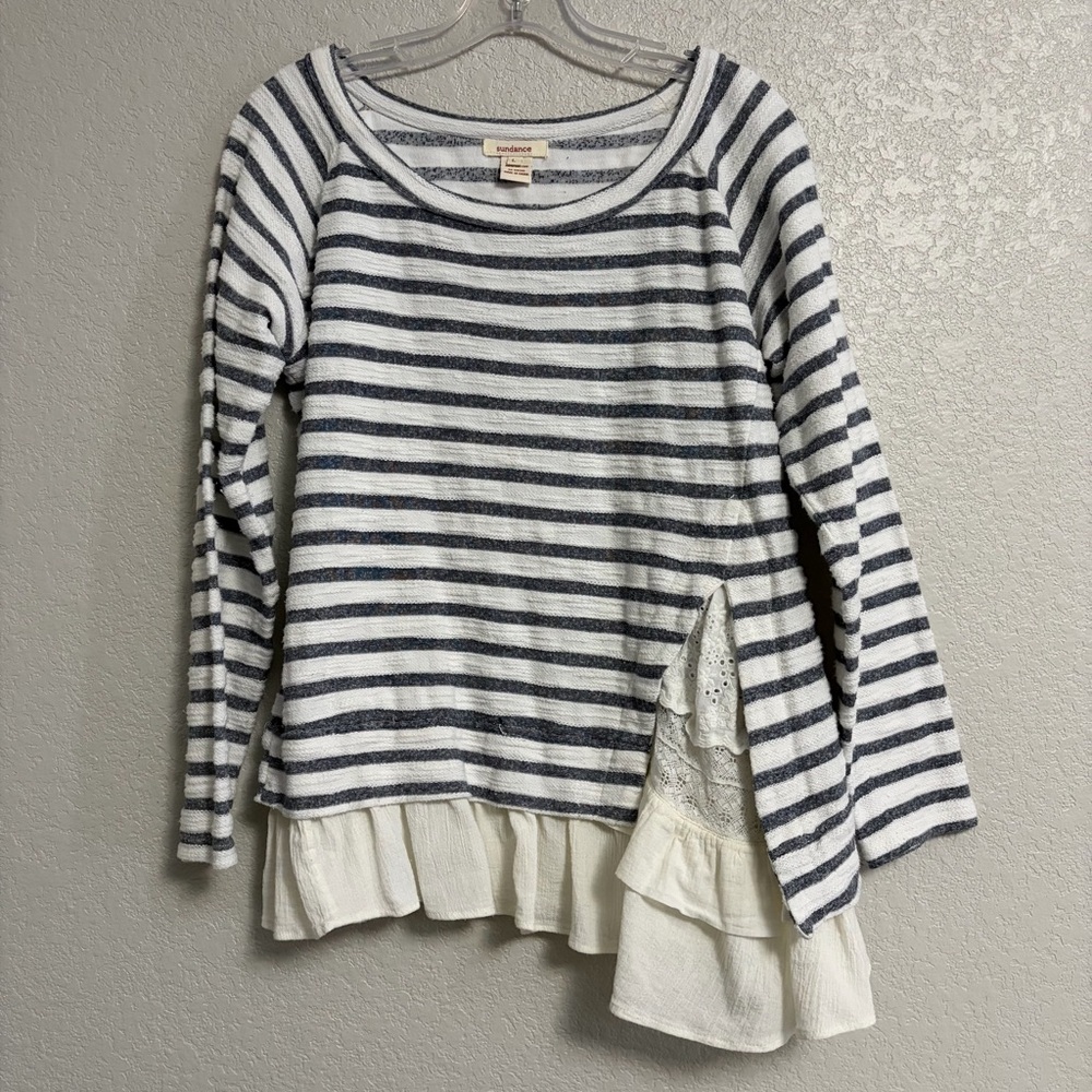 Sundance Top Women L Striped Terry Lace Layered Asymmetrical Coastal Preppy